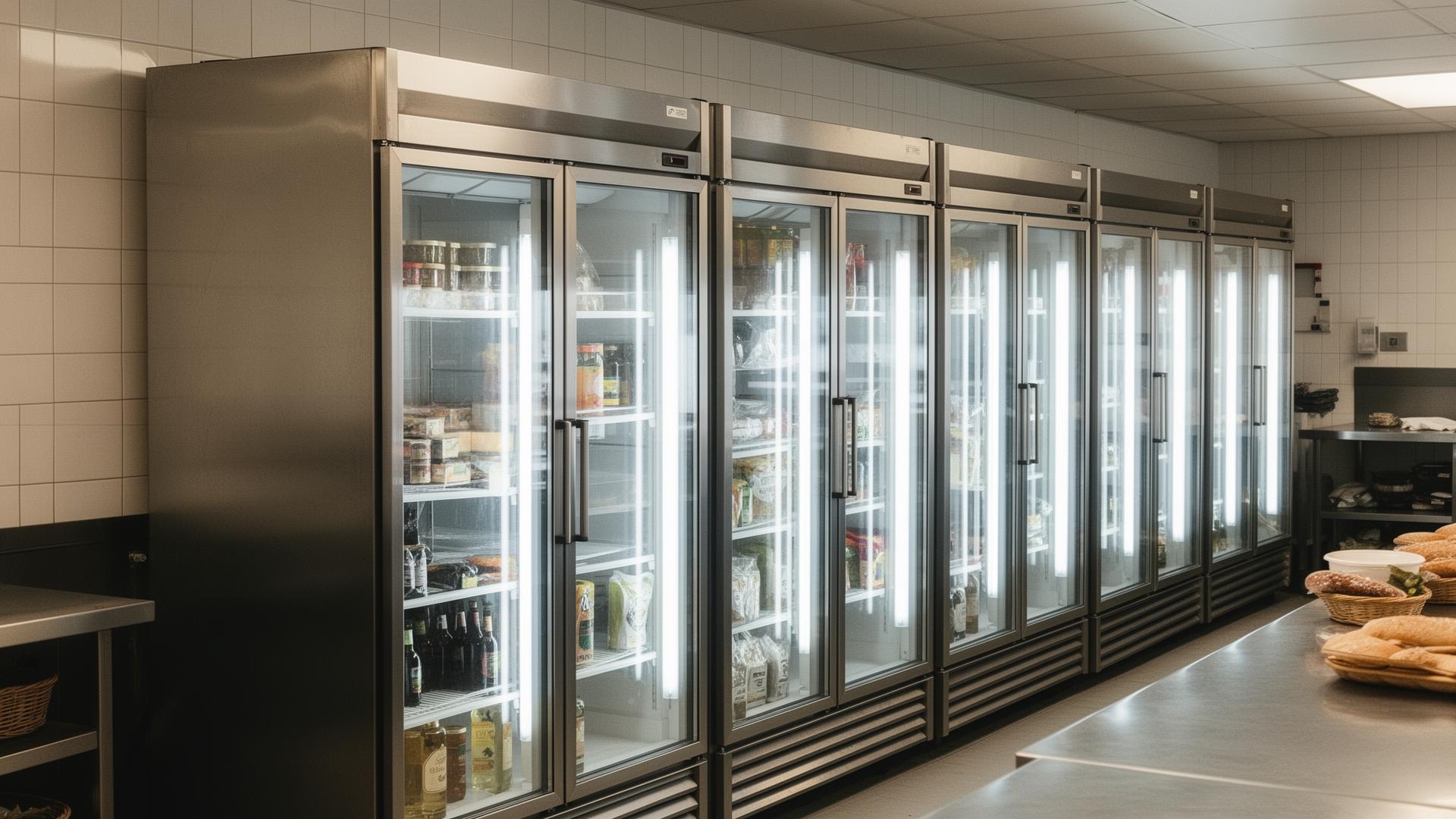 Row of stainless steel glass-fronted commercial refrigerators in a professional back-of-house kitchen.